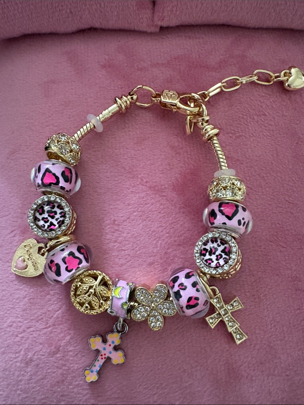 Gold-Tone Pink Leopard Bead Charm Bracelet - Women Jewelry